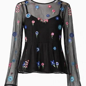 Zara Black Mesh Top with Blue and Pink Floral Embroidery